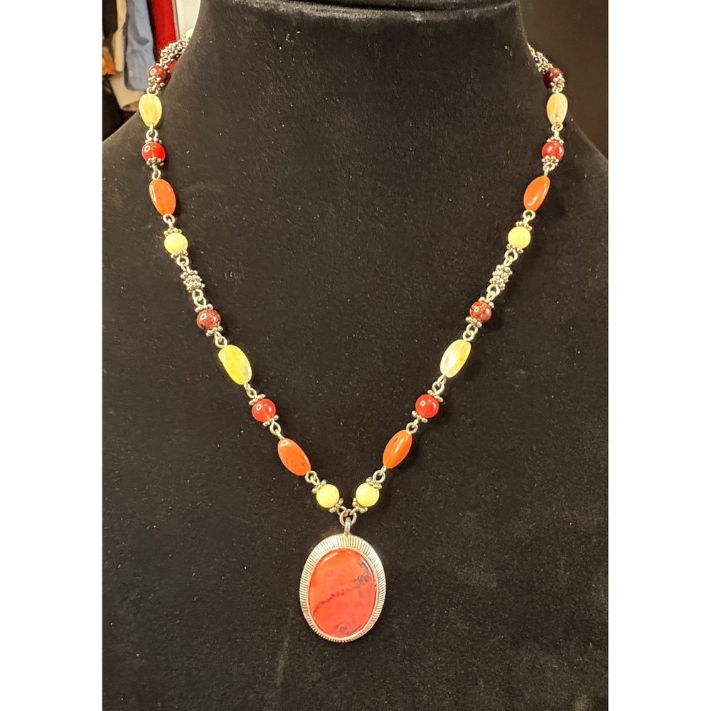 Napier Silver Tone Red Marbled Oval Pendant Beaded Necklace Orange Yellow Boho